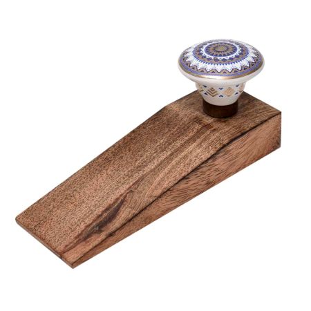 Blue and Golden Wheel Pattern Flat Ceramic Wooden Door Stopper